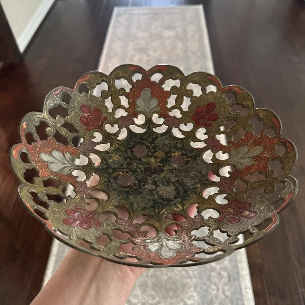 VINTAGE INDIA BRASS ENAMELED OPENWORK BOWL